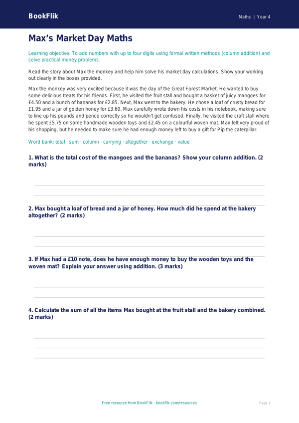 Free Addition Comprehension | Year 4 Core | BookFlik worksheet preview — Maths Addition