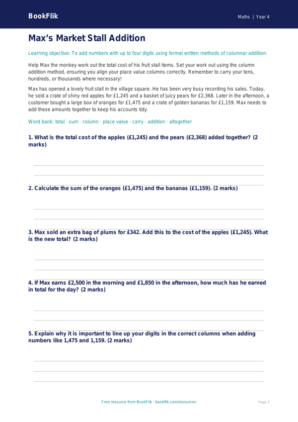 Free Addition Drawing Sheet | Year 4 Core | BookFlik worksheet preview — Maths Addition