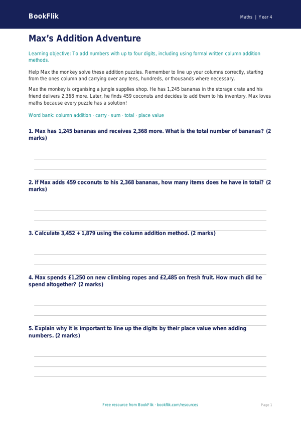 Free Addition Flashcards | Year 4 Core | BookFlik worksheet preview — Maths Addition