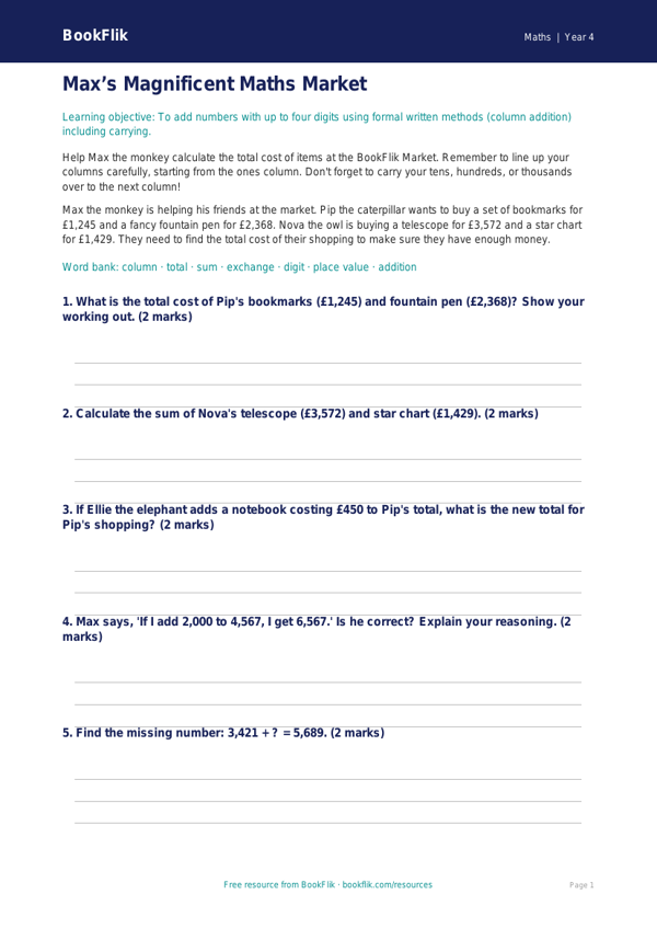 Free Addition Poster | Year 4 Core | BookFlik worksheet preview — Maths Addition