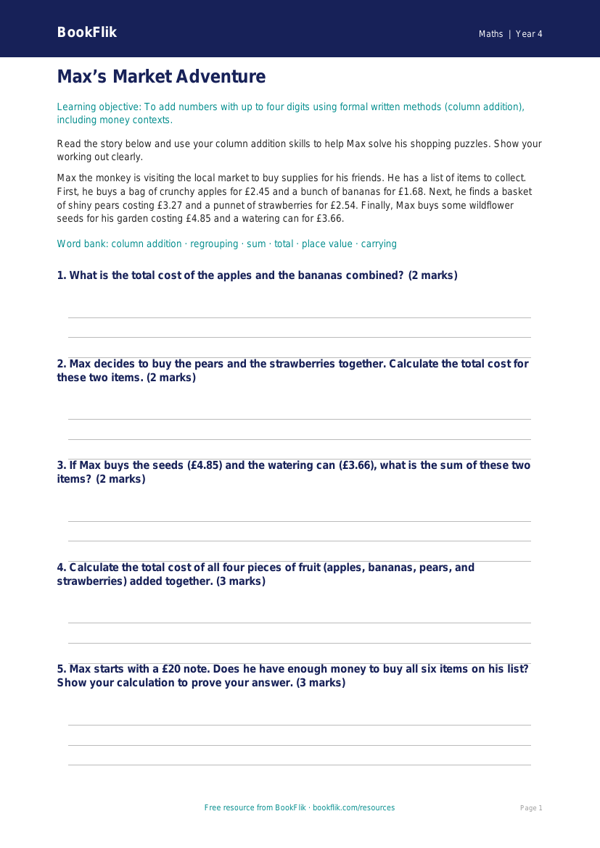 Free Addition Quiz | Year 4 Core | BookFlik worksheet preview — Maths Addition