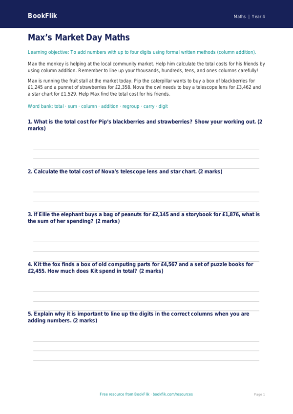 Free Addition Template | Year 4 Core | BookFlik worksheet preview — Maths Addition