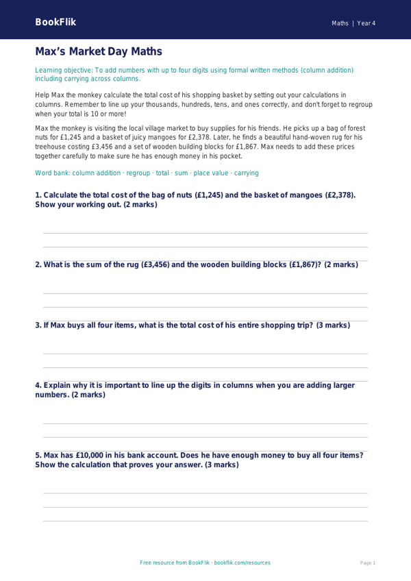 Free Addition Track Sheet | Year 4 Core | BookFlik worksheet preview — Maths Addition