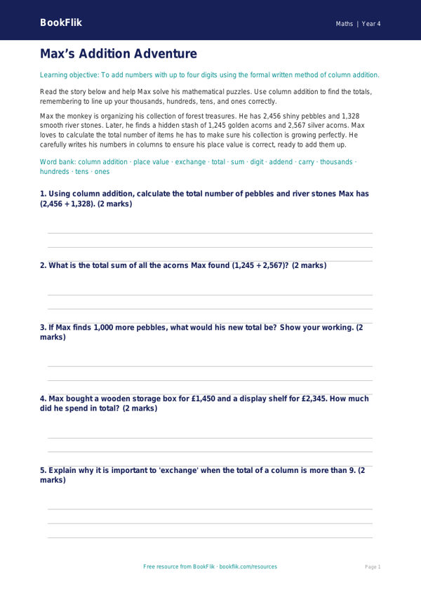 Free Addition Word Mat | Year 4 Core | BookFlik worksheet preview — Maths Addition