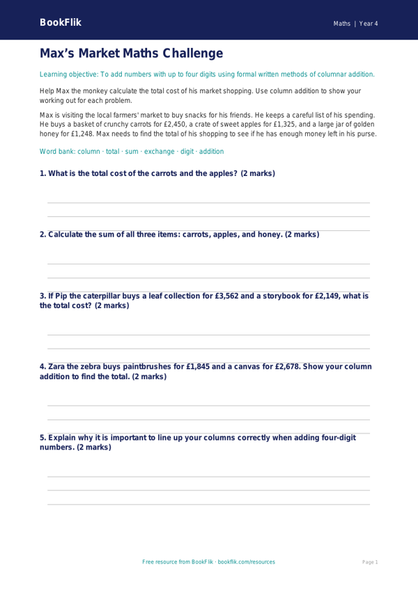 Free Addition Worksheet | Year 4 Core | BookFlik worksheet preview — Maths Addition