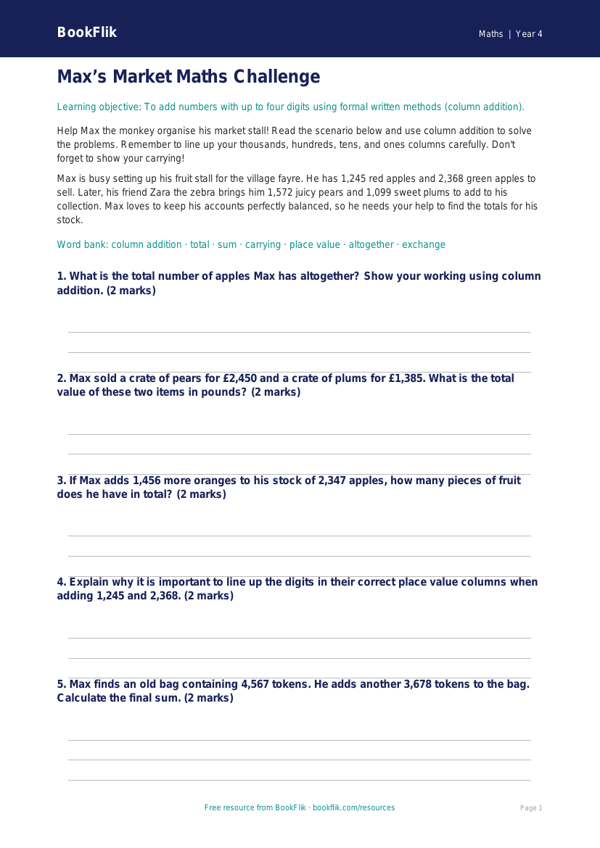 Free Addition Writing Frame | Year 4 Core | BookFlik worksheet preview — Maths Addition
