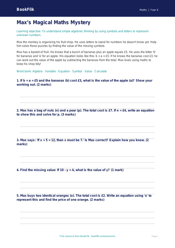 Free Algebra Activity Sheet | Year 4 Core | BookFlik worksheet preview — Maths Algebra