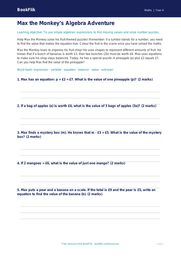 Free Algebra Colouring Page | Year 4 Core | BookFlik worksheet preview — Maths Algebra