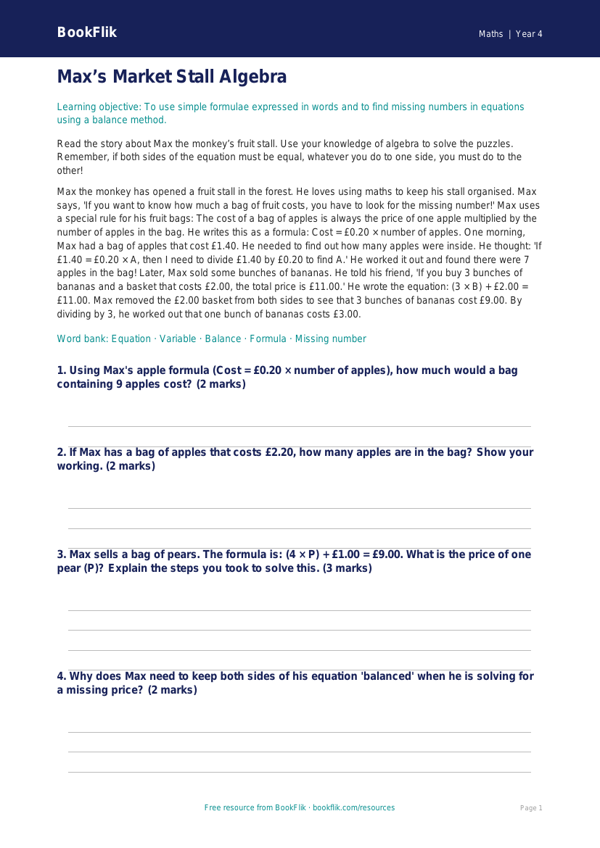 Free Algebra Comprehension | Year 4 Core | BookFlik worksheet preview — Maths Algebra