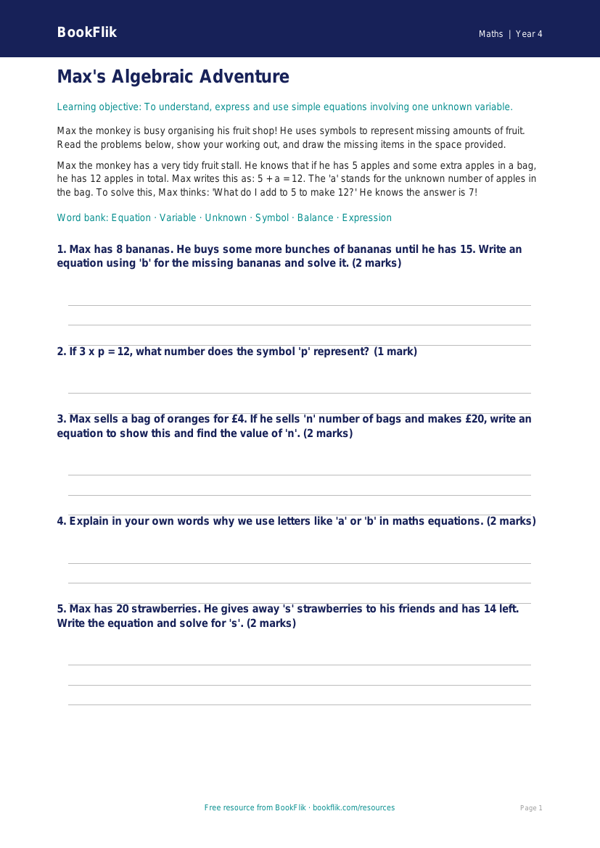 Free Algebra Drawing Sheet | Year 4 Core | BookFlik worksheet preview — Maths Algebra