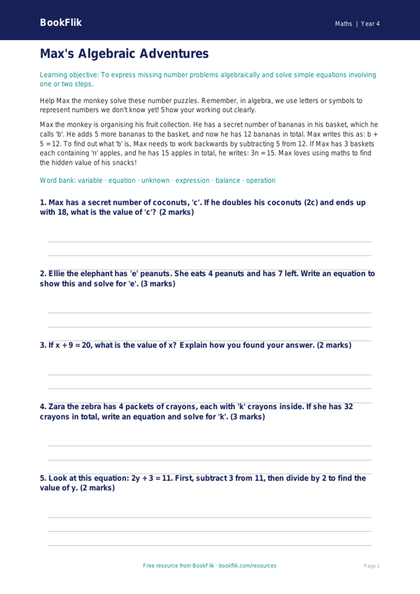 Free Algebra Flashcards | Year 4 Core | BookFlik worksheet preview — Maths Algebra