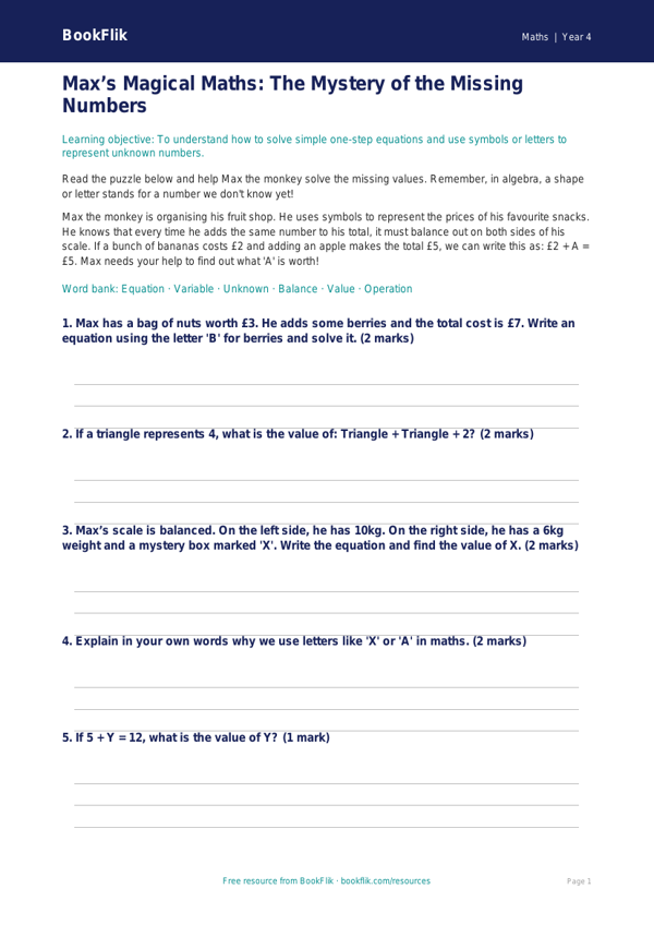 Free Algebra Poster | Year 4 Core | BookFlik worksheet preview — Maths Algebra