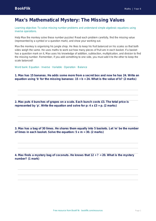 Free Algebra Quiz | Year 4 Core | BookFlik worksheet preview — Maths Algebra