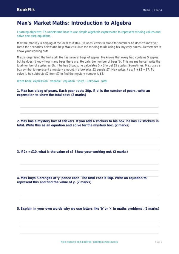 Free Algebra Worksheet | Year 4 Math Practice | BookFlik worksheet preview — Maths Algebra