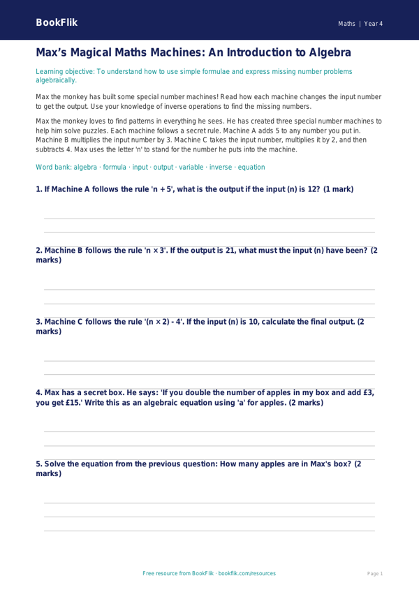 Free Algebra Track Sheet | Year 4 Core | BookFlik worksheet preview — Maths Algebra