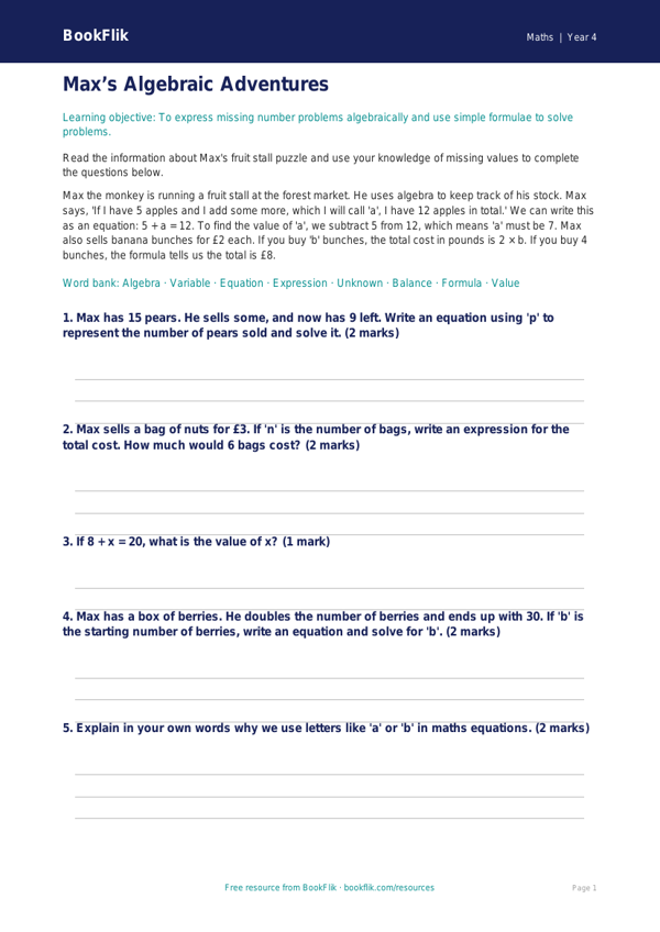 Free Algebra Word Mat | Year 4 Core | BookFlik worksheet preview — Maths Algebra