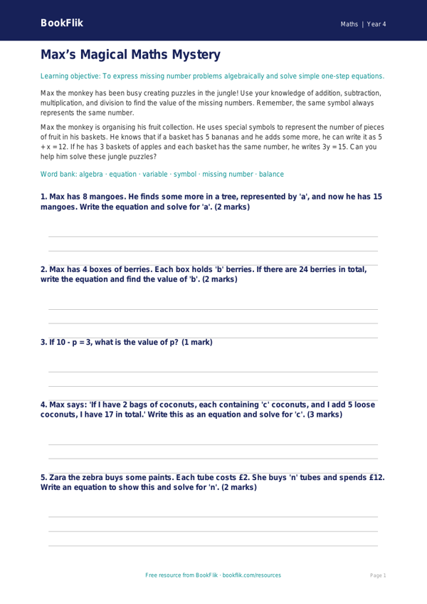 Free Algebra Worksheet | Year 4 Core | BookFlik worksheet preview — Maths Algebra