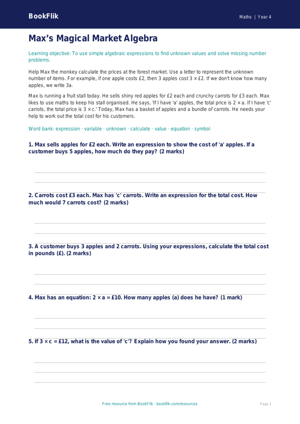 Free Algebra Writing Frame | Year 4 Core | BookFlik worksheet preview — Maths Algebra