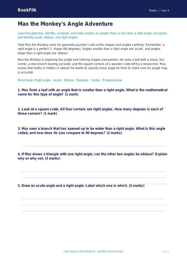 Free Angles Activity Sheet | Year 4 Core | BookFlik worksheet preview — Maths Angles