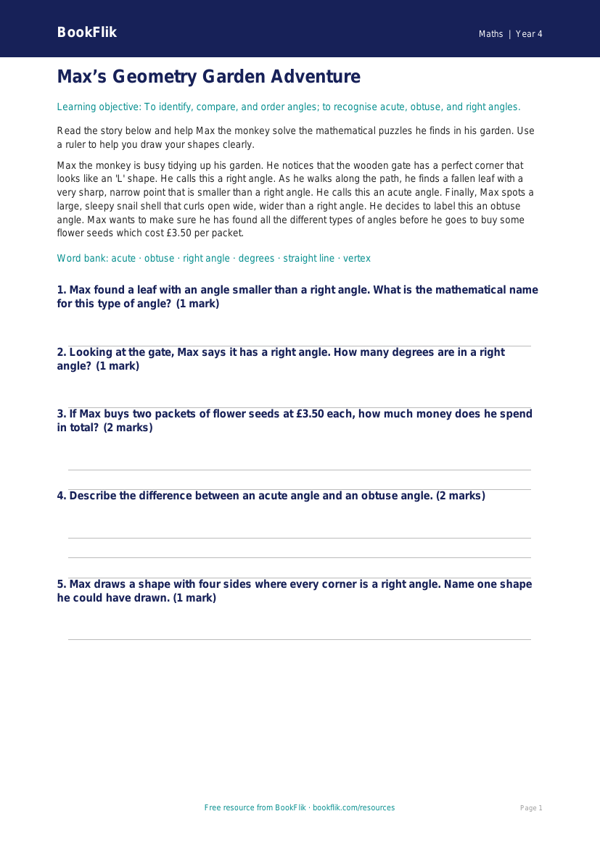 Free Angles Assessment | Year 4 Core | BookFlik worksheet preview — Maths Angles