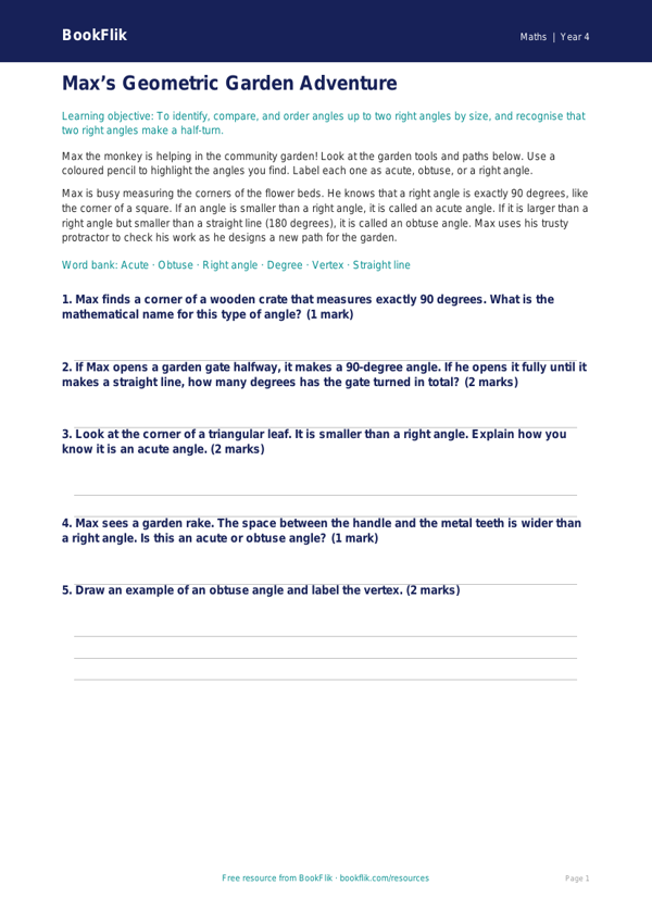 Free Angles Colouring Page | Year 4 Core | BookFlik worksheet preview — Maths Angles