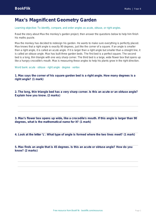 Free Angles Comprehension | Year 4 Core | BookFlik worksheet preview — Maths Angles