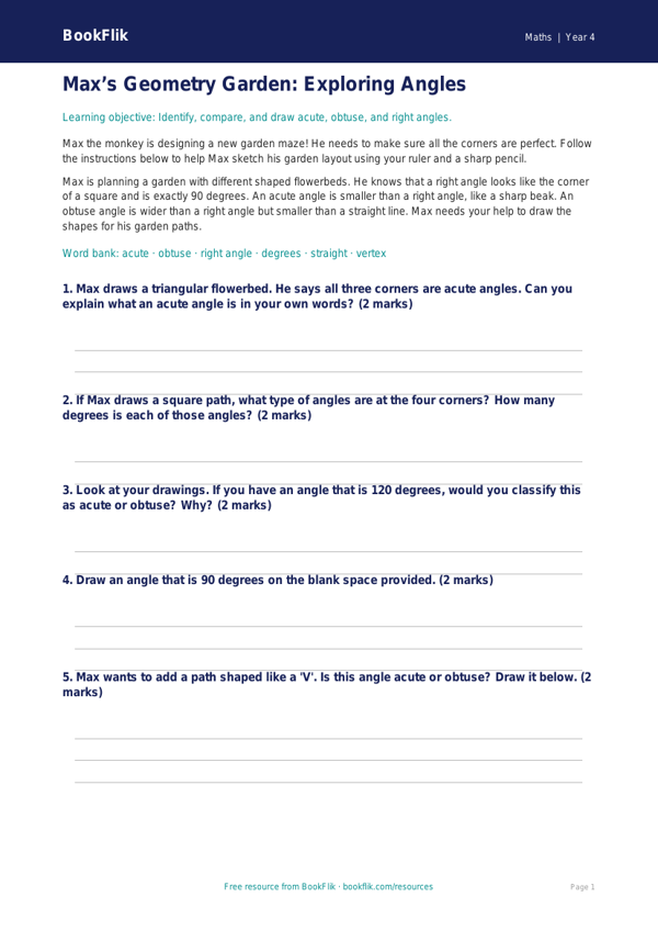 Free Angles Drawing Sheet | Year 4 Core | BookFlik worksheet preview — Maths Angles