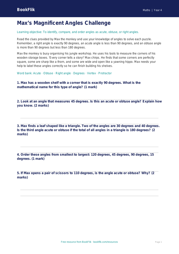 Free Angles Flashcards | Year 4 Core | BookFlik worksheet preview — Maths Angles