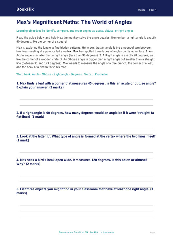 Free Angles Poster | Year 4 Core | BookFlik worksheet preview — Maths Angles