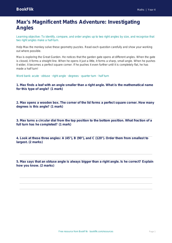 Free Angles Quiz | Year 4 Core | BookFlik worksheet preview — Maths Angles