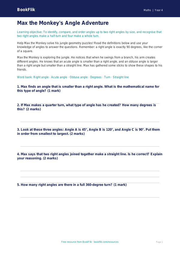 Free Angles Template | Year 4 Core | BookFlik worksheet preview — Maths Angles