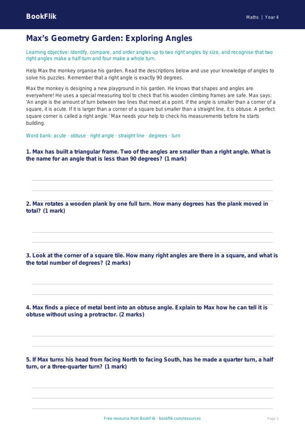 Free Angles Track Sheet | Year 4 Core | BookFlik worksheet preview — Maths Angles