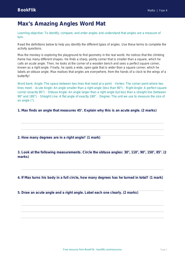 Free Angles Word Mat | Year 4 Core | BookFlik worksheet preview — Maths Angles