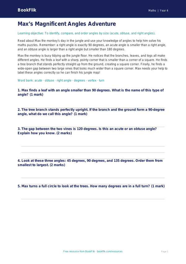 Free Angles Worksheet | Year 4 Core | BookFlik worksheet preview — Maths Angles