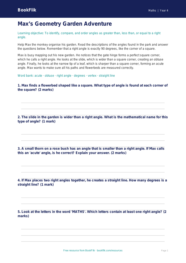 Free Angles Writing Frame | Year 4 Core | BookFlik worksheet preview — Maths Angles