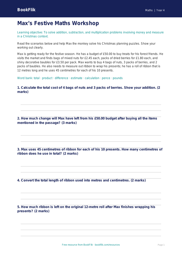 Free Christmas Maths Activity Sheet | Year 4 Core | BookFlik worksheet preview — Maths Christmas Maths