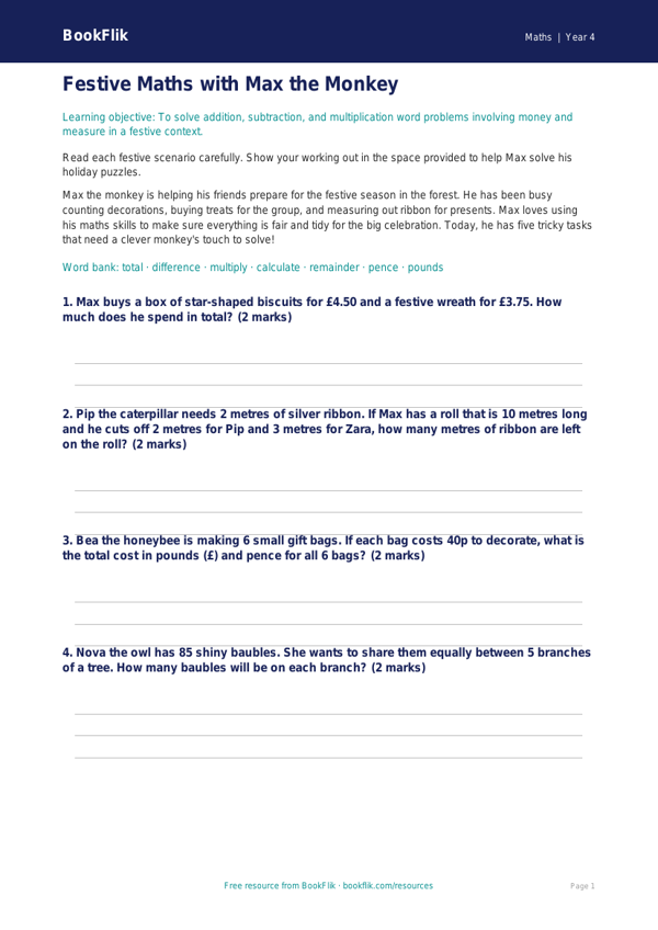 Free Christmas Maths Assessment | Year 4 Core | BookFlik worksheet preview — Maths Christmas Maths