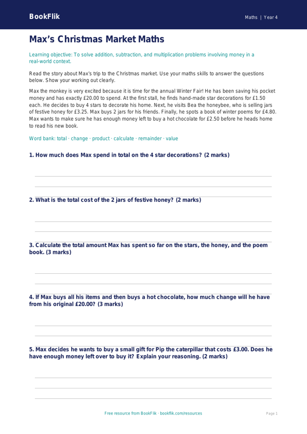 Free Christmas Maths Comprehension | Year 4 Core | BookFlik worksheet preview — Maths Christmas Maths