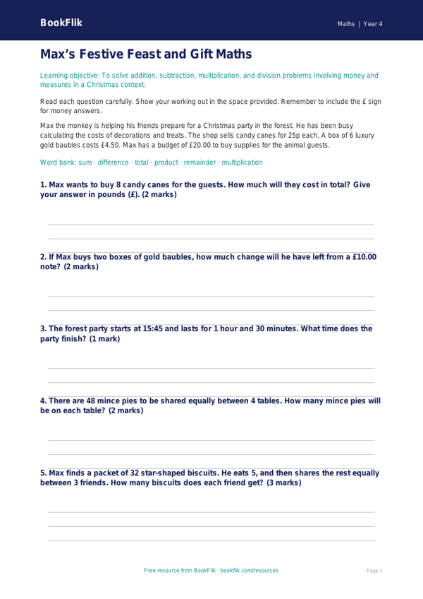 Free Christmas Maths Quiz | Year 4 Core | BookFlik worksheet preview — Maths Christmas Maths