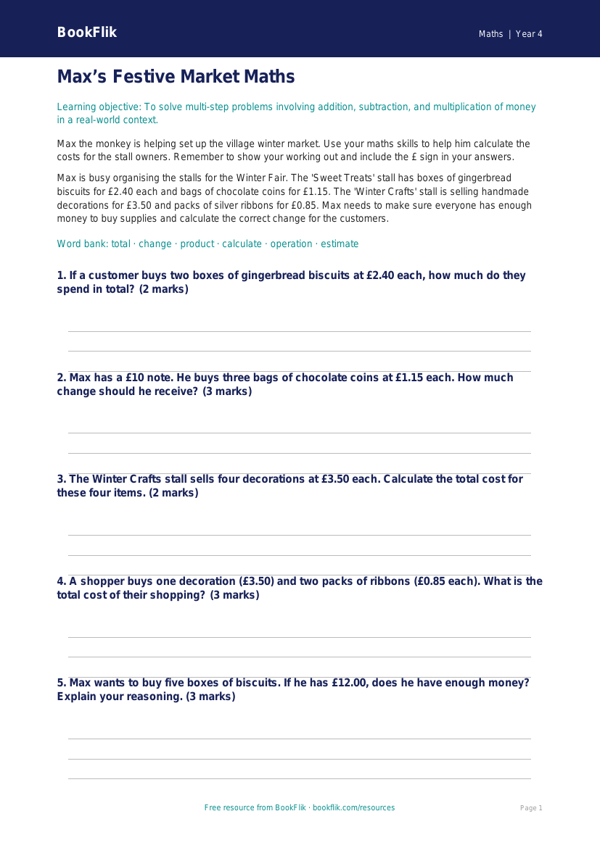 Free Christmas Maths Template | Year 4 Core | BookFlik worksheet preview — Maths Christmas Maths