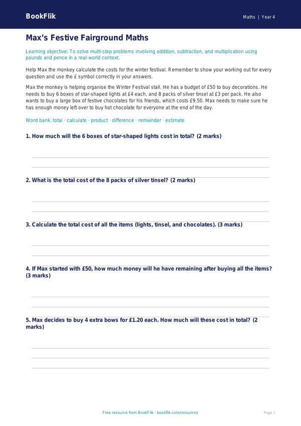 Free Christmas Maths Track Sheet | Year 4 Core | BookFlik worksheet preview — Maths Christmas Maths