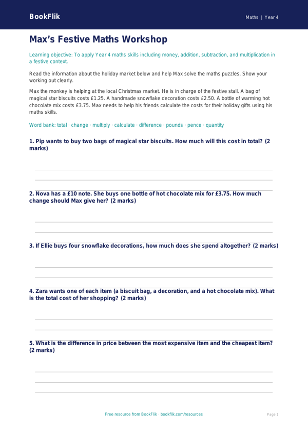 Free Christmas Maths Word Mat | Year 4 Core | BookFlik worksheet preview — Maths Christmas Maths