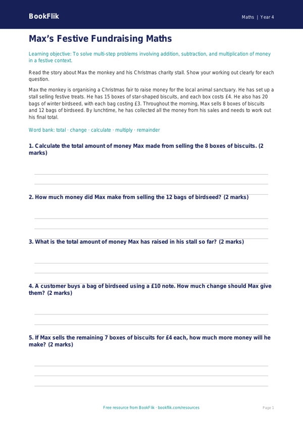 Free Christmas Maths Worksheet | Year 4 Core | BookFlik worksheet preview — Maths Christmas Maths