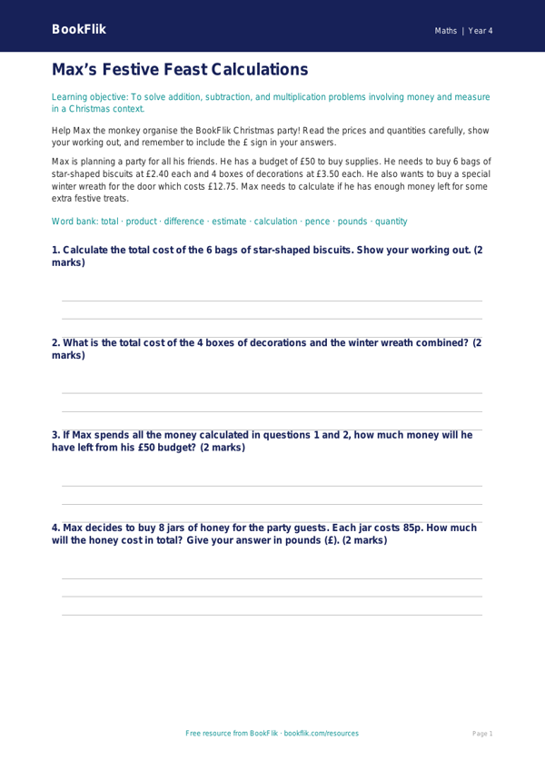 Free Christmas Maths Writing Frame | Year 4 Core | BookFlik worksheet preview — Maths Christmas Maths