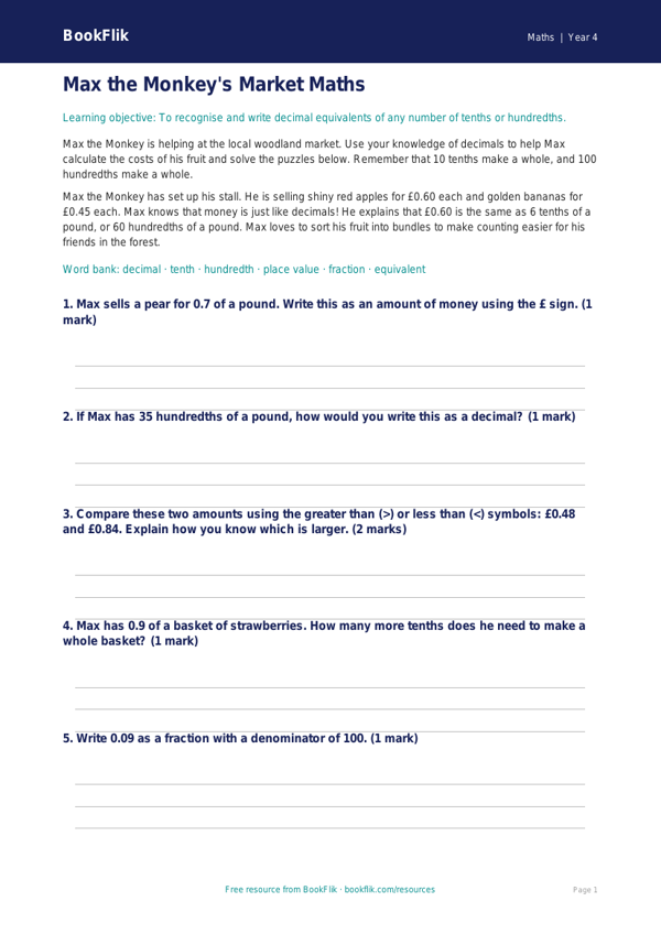 Free Decimals Activity Sheet | Year 4 Core | BookFlik worksheet preview — Maths Decimals