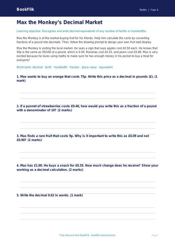 Free Decimals Colouring Page | Year 4 Core | BookFlik worksheet preview — Maths Decimals