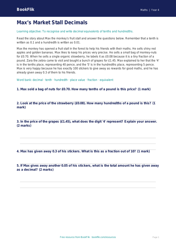 Free Decimals Comprehension | Year 4 Core | BookFlik worksheet preview — Maths Decimals