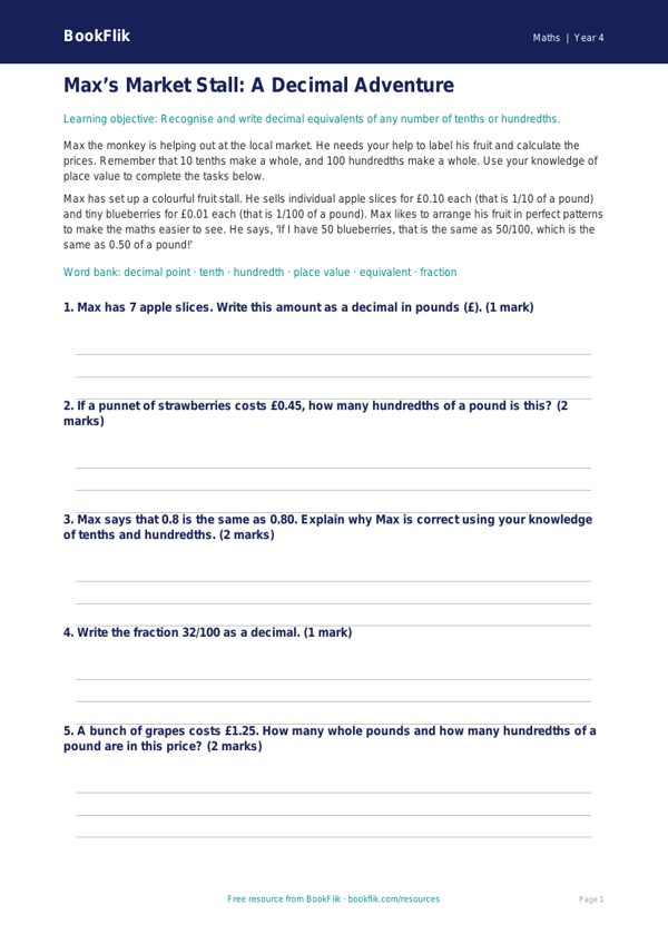 Free Decimals Drawing Sheet | Year 4 Core | BookFlik worksheet preview — Maths Decimals