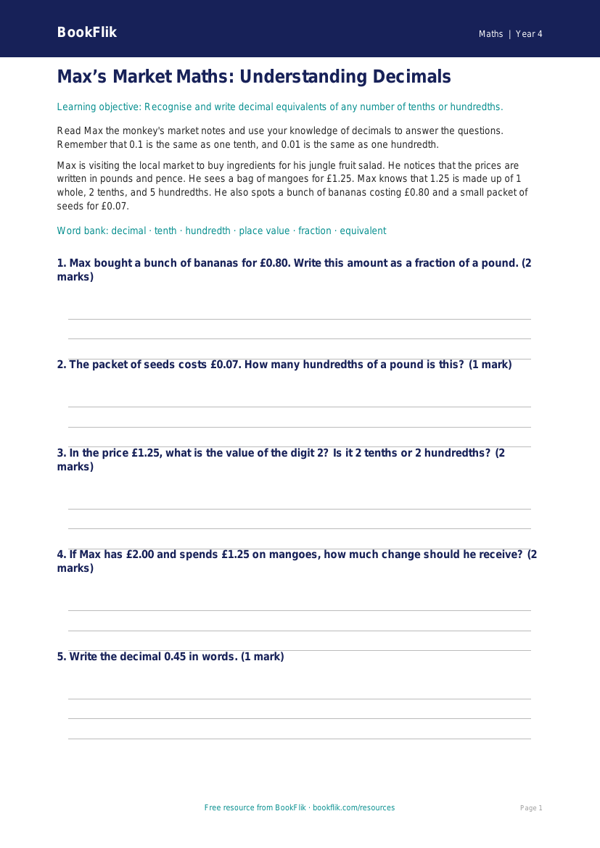 Free Decimals Flashcards | Year 4 Core | BookFlik worksheet preview — Maths Decimals