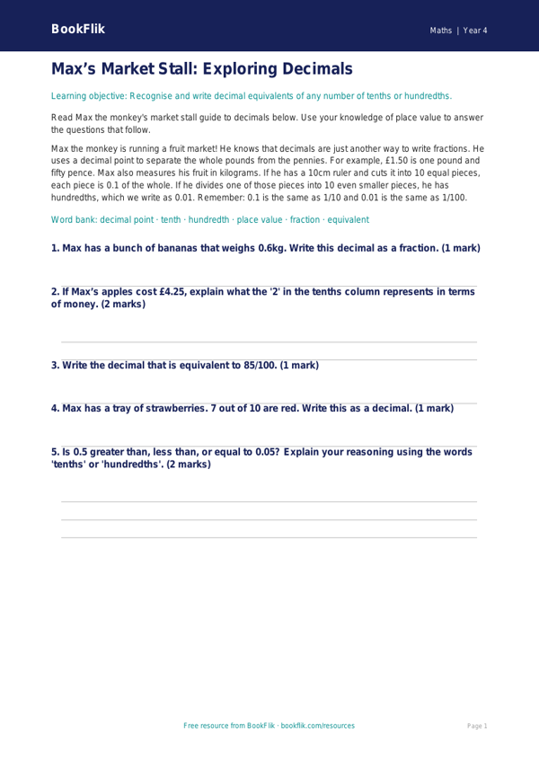 Free Decimals Poster | Year 4 Core | BookFlik worksheet preview — Maths Decimals
